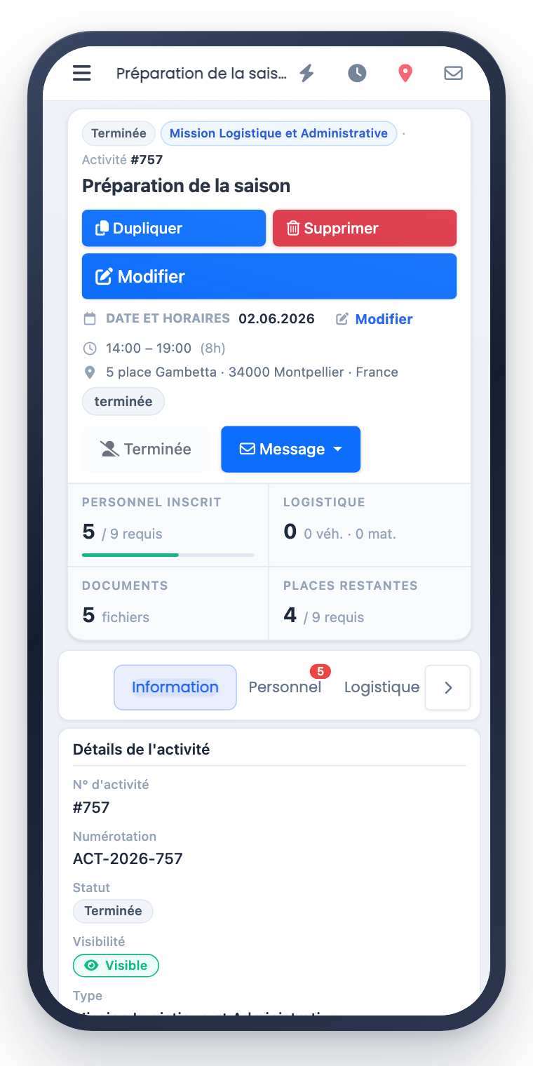 Application mobile eBrigade — détail d’une mission