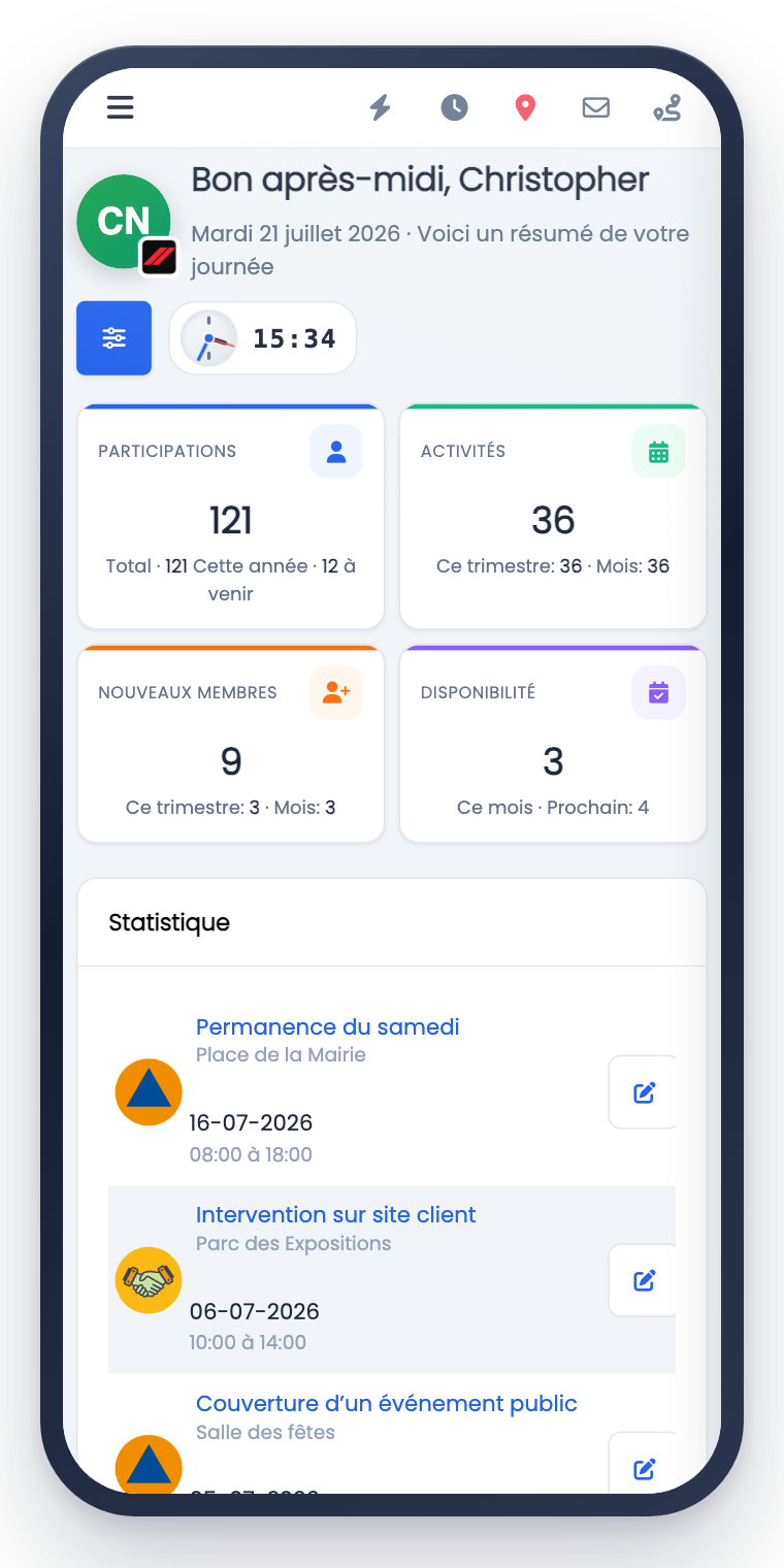 Application mobile eBrigade — tableau de bord