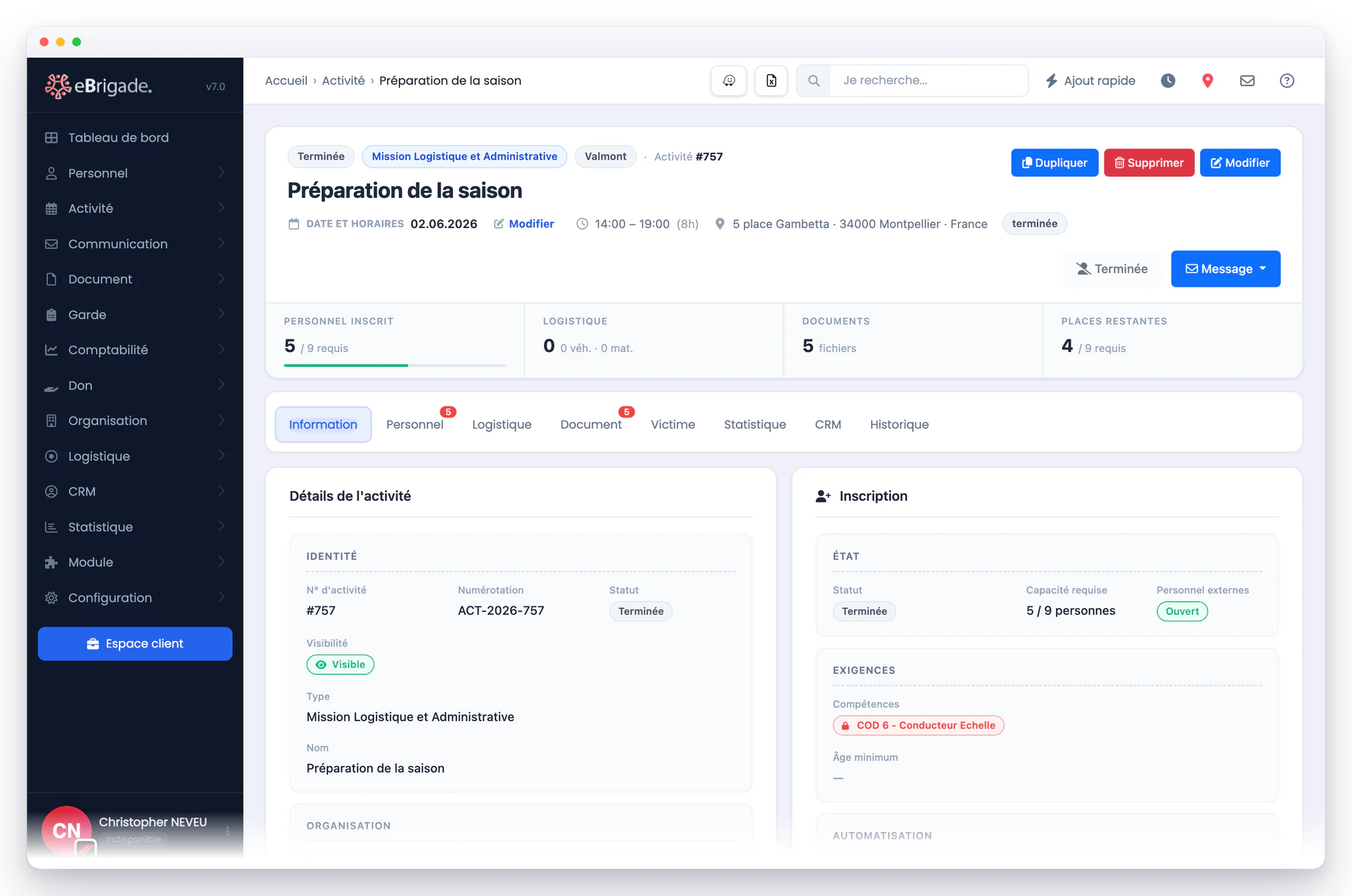 eBrigade — fiche d'une activité : Horaires, lieu, effectif requis, compétences, matériel, documents et inscrits réunis sur un seul écran.