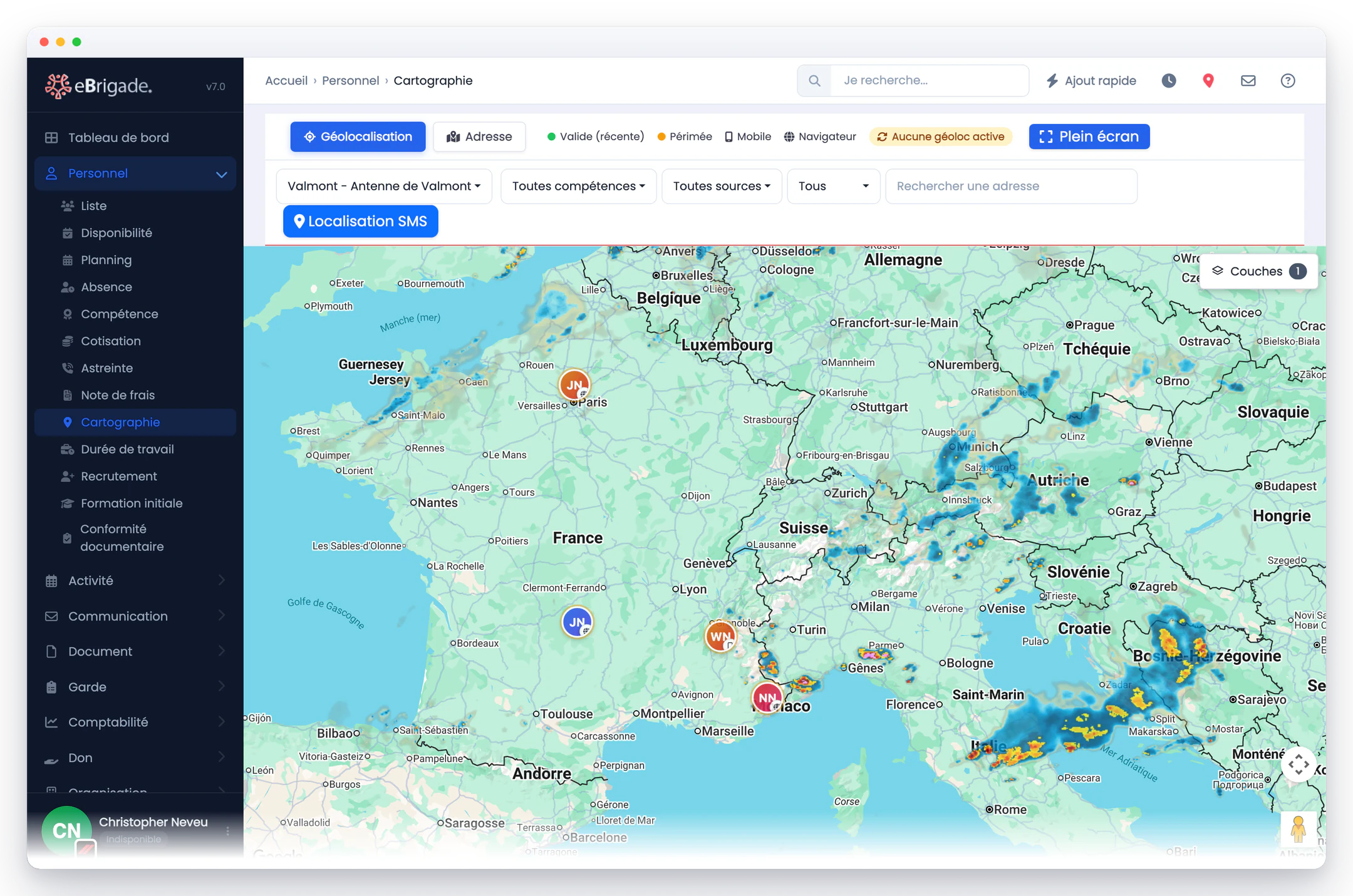 eBrigade — radar de pluie et orages : La mosaïque radar en surimpression, opacité réglable, sur la même carte que les postes de secours.