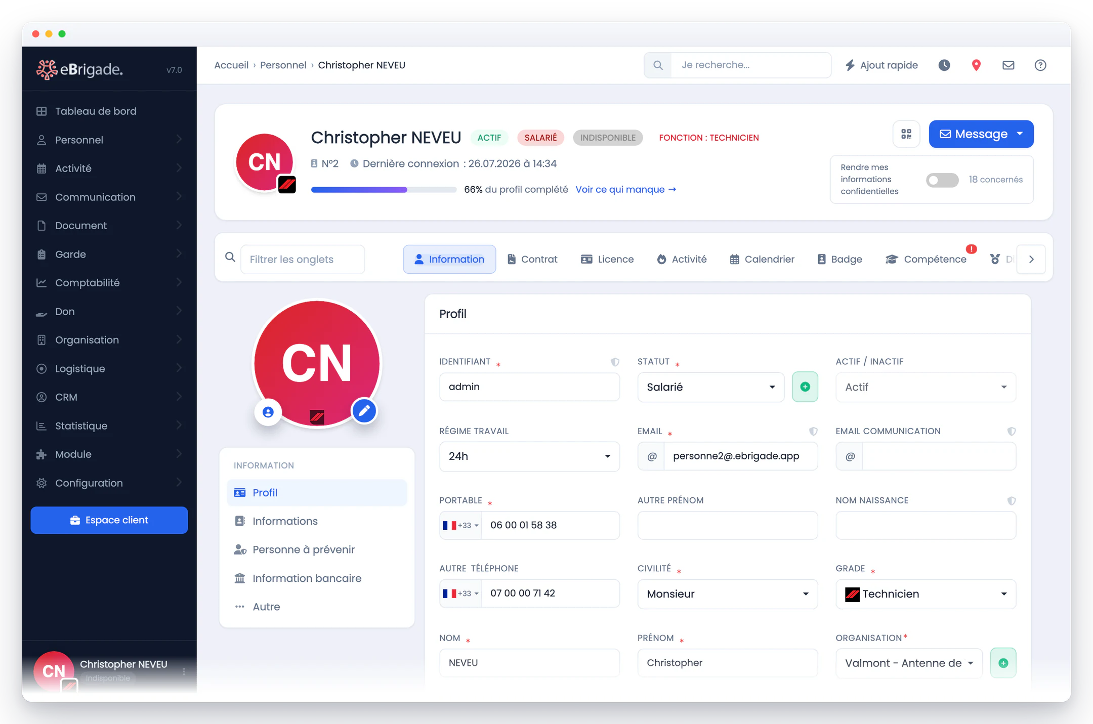 eBrigade — fiche individuelle : Profil, contrat, compétences, documents, badge et historique d'activité, onglet par onglet.