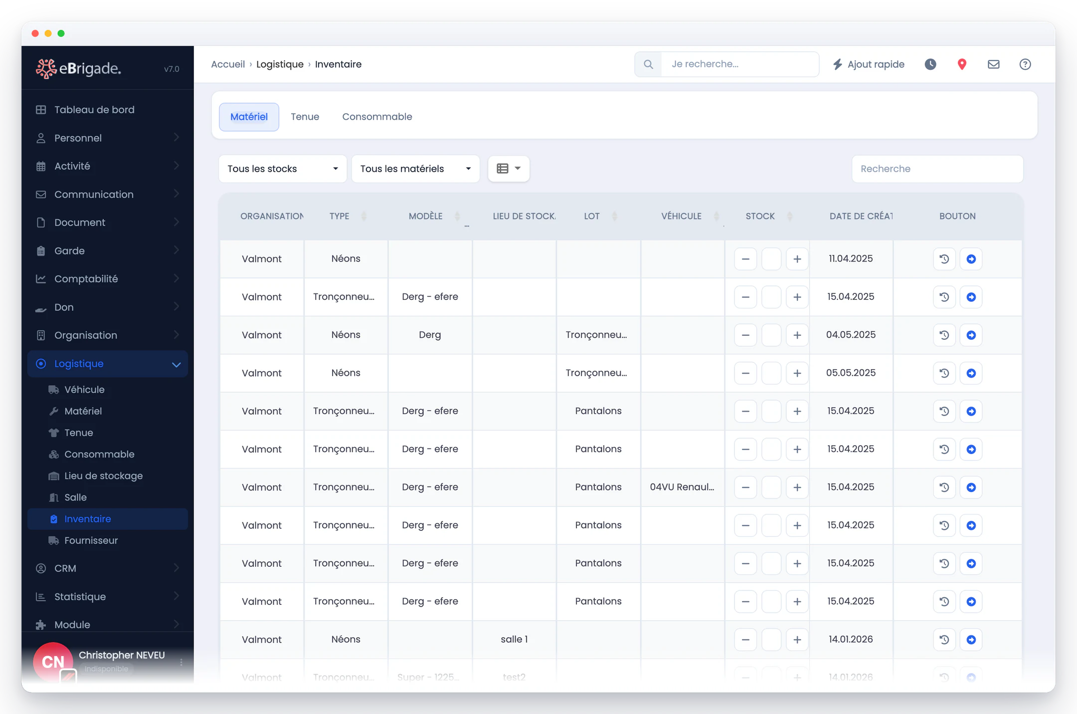 eBrigade — inventaire : Stock par organisation, modèle, lot et lieu de stockage, ajustable ligne à ligne.