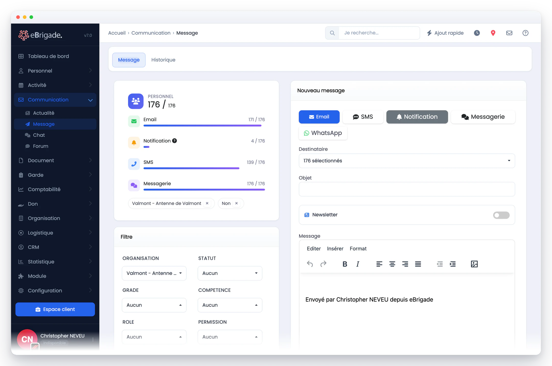 eBrigade — envoi multicanal : Un message, plusieurs canaux : email, SMS, notification push et messagerie interne, avec un ciblage précis.
