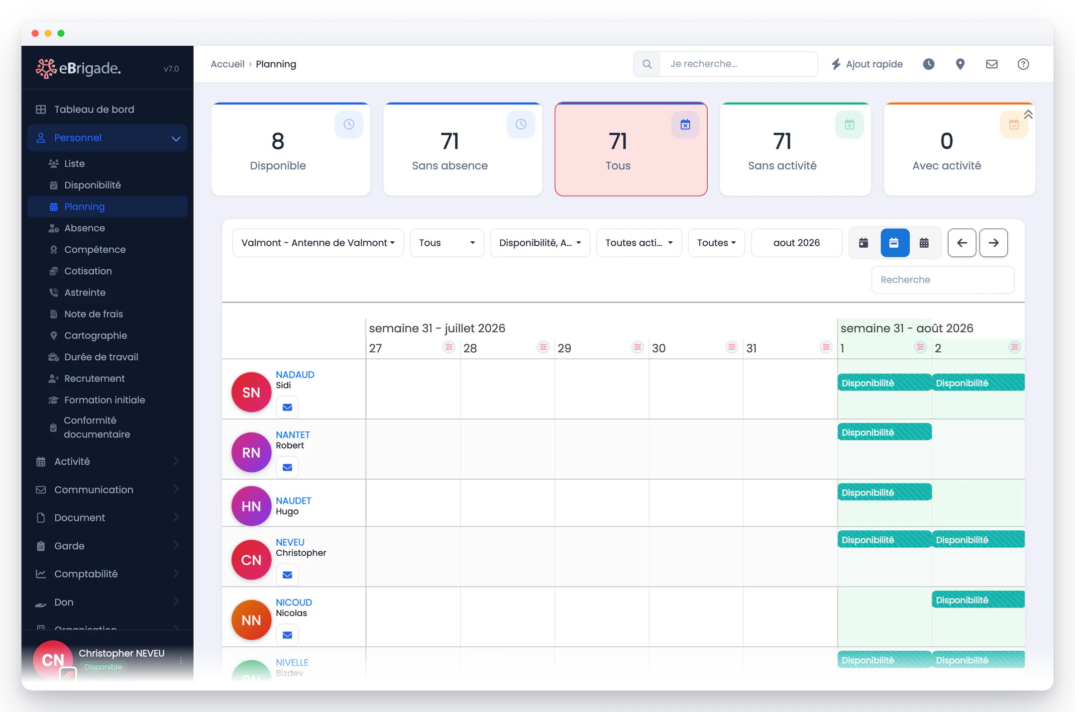 eBrigade — disponibilités de l'équipe : Qui est disponible, quand, créneau par créneau. La grille se remplit depuis le mobile de chaque personne.