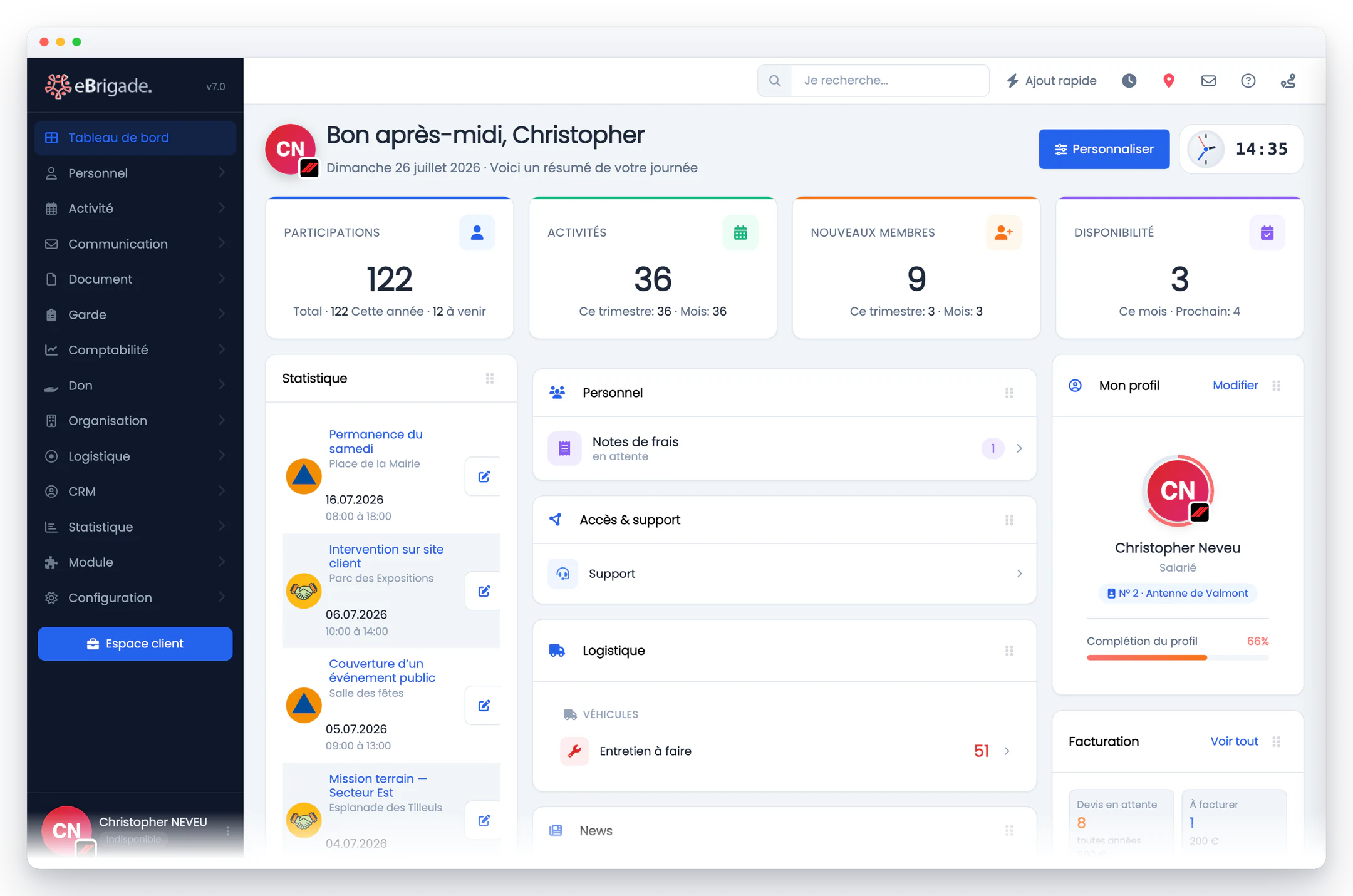 eBrigade — tableau de bord : Effectifs, activités du moment, disponibilités et alertes du jour dès l'ouverture. Chaque responsable compose le sien.